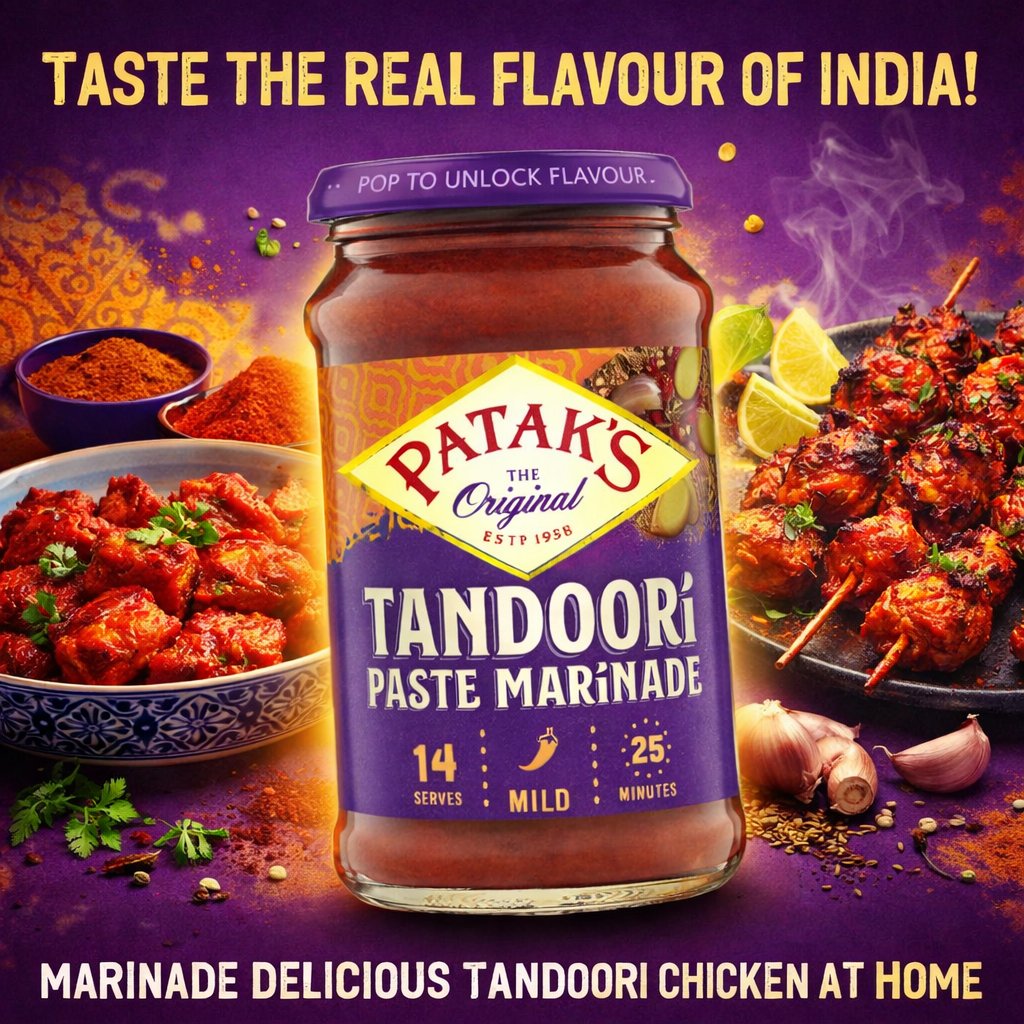 Patak's Tandoori Paste Marinade jar with food images and text on a purple background